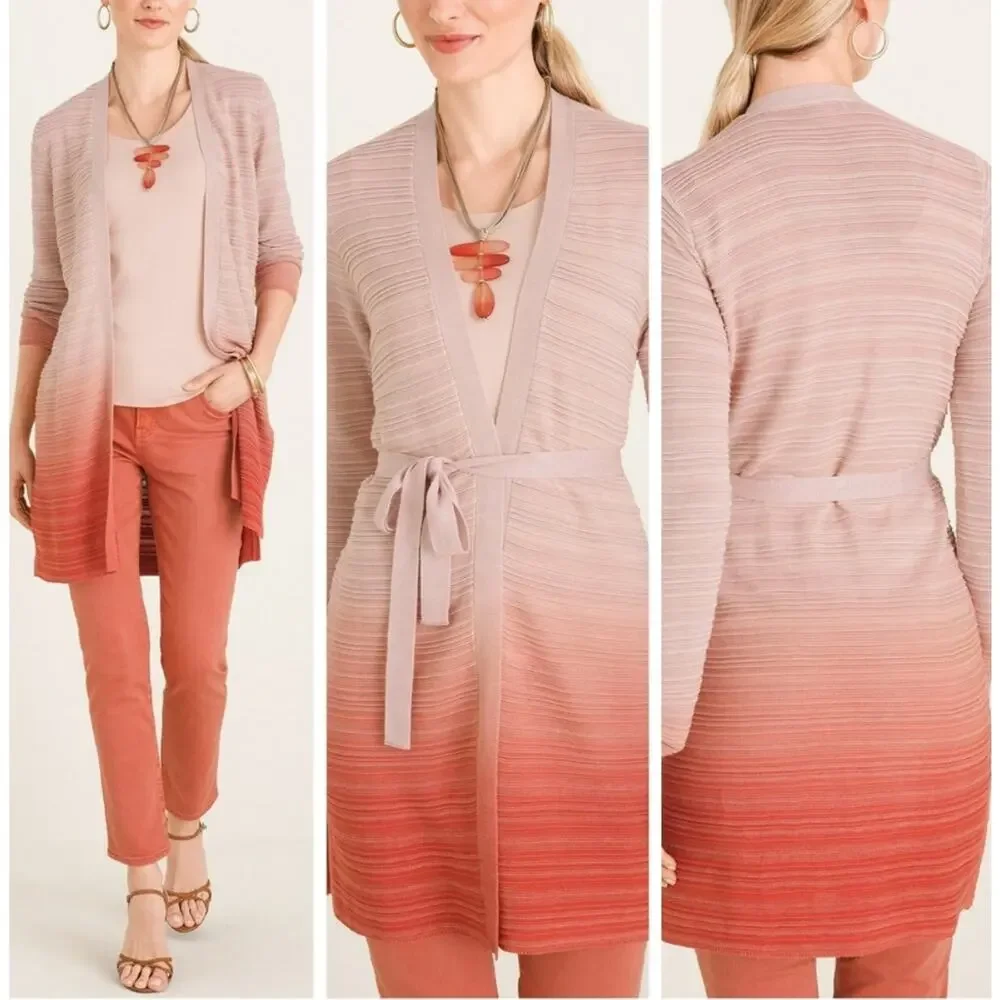 Chico’s Ombre Longline Cardigan Sweater Pink to Rust Open Front Size 1 - Picture 1 of 13